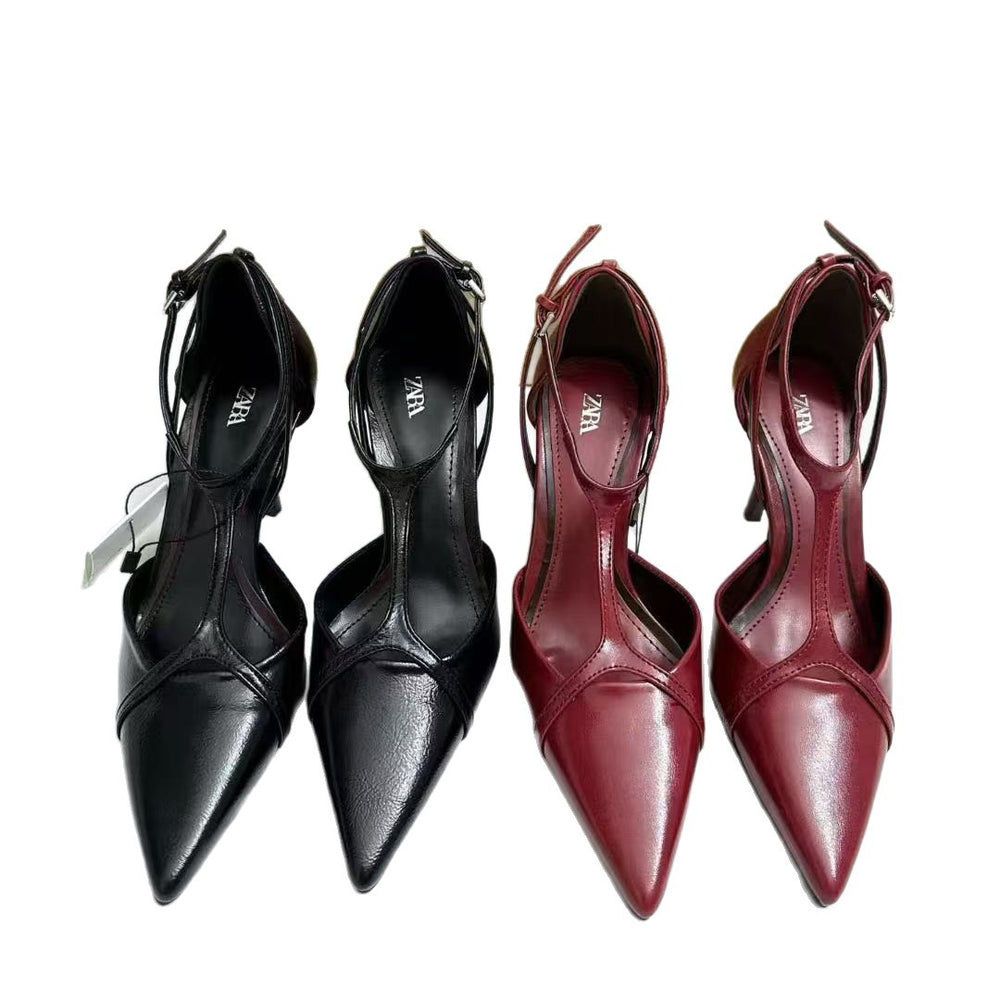 Za2025autum new women's shoes red patent leather effect suspenders pointed toe ultra high heel leather shoes sexyflats