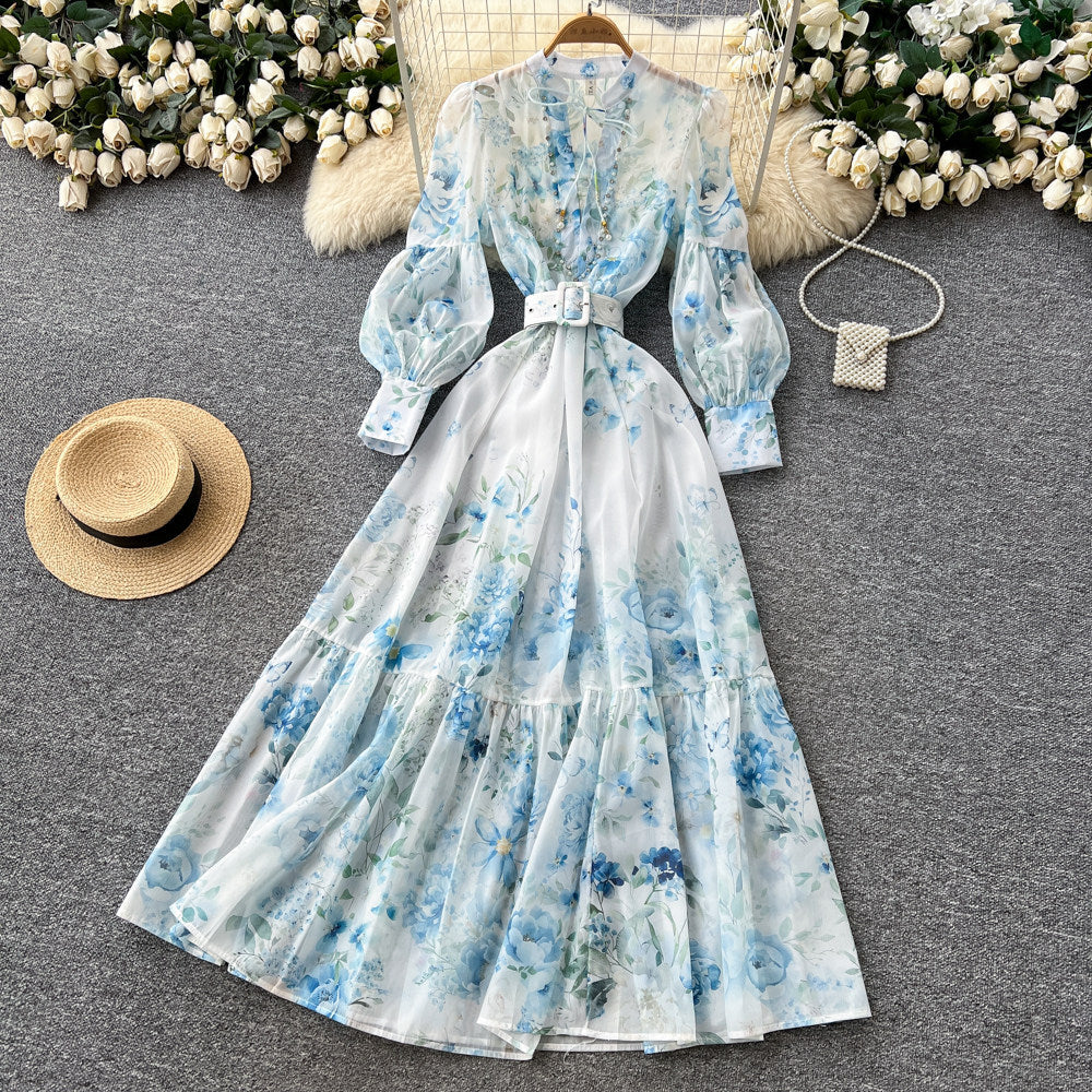 Korean style floral rhinestone embellished tie-up dress - women's spring long sleeve high waist a-line maxi dress - elegant commute
