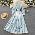 Korean style floral rhinestone embellished tie-up dress - women's spring long sleeve high waist a-line maxi dress - elegant commute