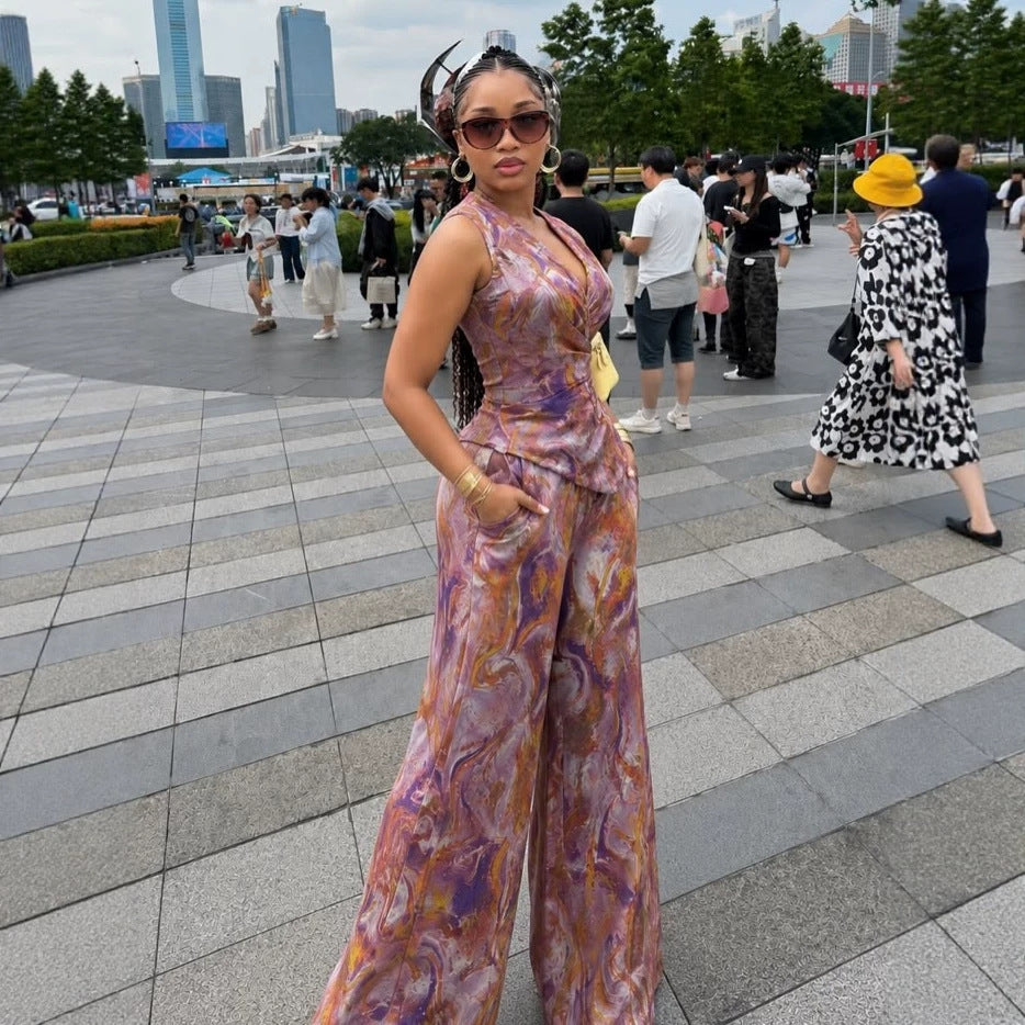 European and american cross-border women's fashion  summer new sexy elegant v-neck printed sleeveless top wide-leg pants set