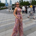 European and american cross-border women's fashion  summer new sexy elegant v-neck printed sleeveless top wide-leg pants set