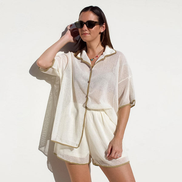 2024 summer design stroke contrasting mesh set European and American  loose casual shirt shorts two-piece set