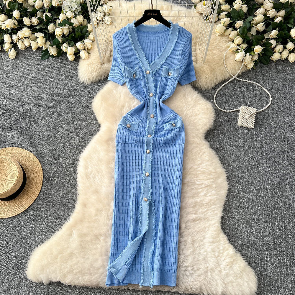 Exportelegance tweed styleretrov neck metal single breasted silmslimming lookelegant hip covering knittingdress spring