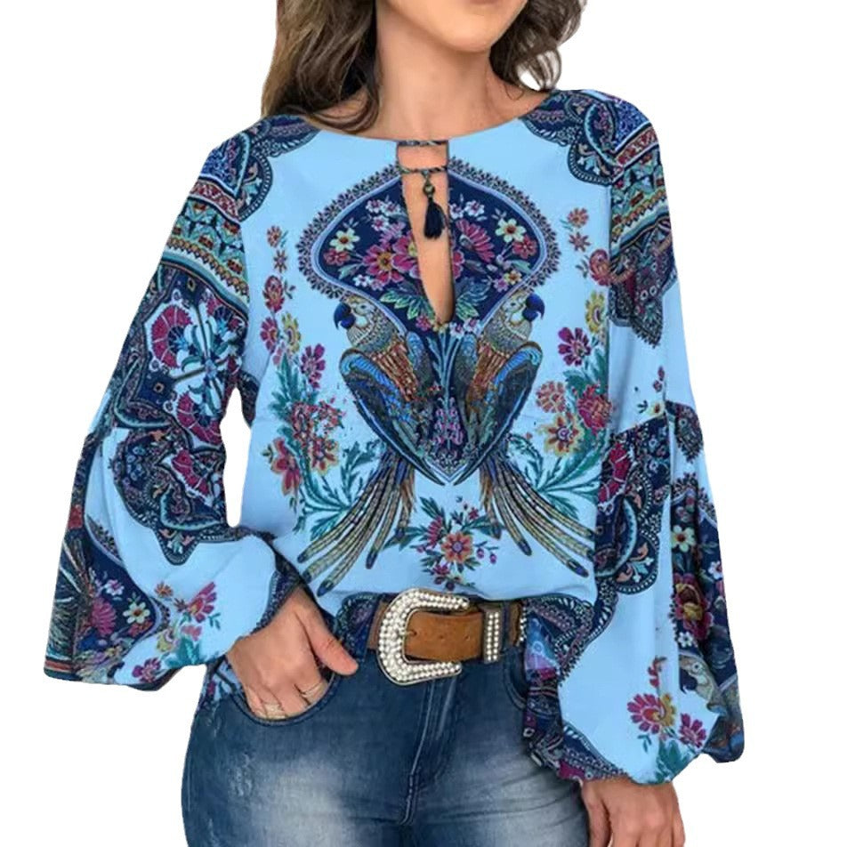 spring/summer new women's fashion: unique digital print round neck lantern sleeve blouse 5006 - large inventory available now