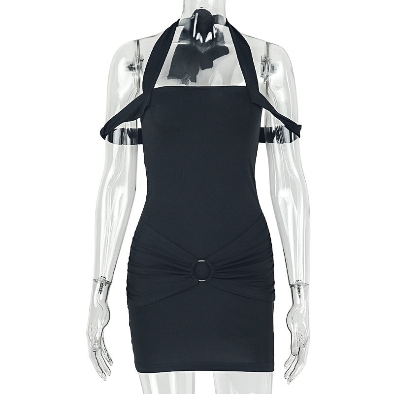 Fashion style cross-border pure colorshort women's metal ring sexy backpack hip skirt one-line collar halter trendy dress
