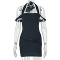 Fashion style cross-border pure colorshort women's metal ring sexy backpack hip skirt one-line collar halter trendy dress