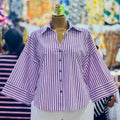 European and american cross-border women's fashion:  spring new arrivals - stylish, designer-inspired, unique turn-down collar, loose-fit striped blouse
