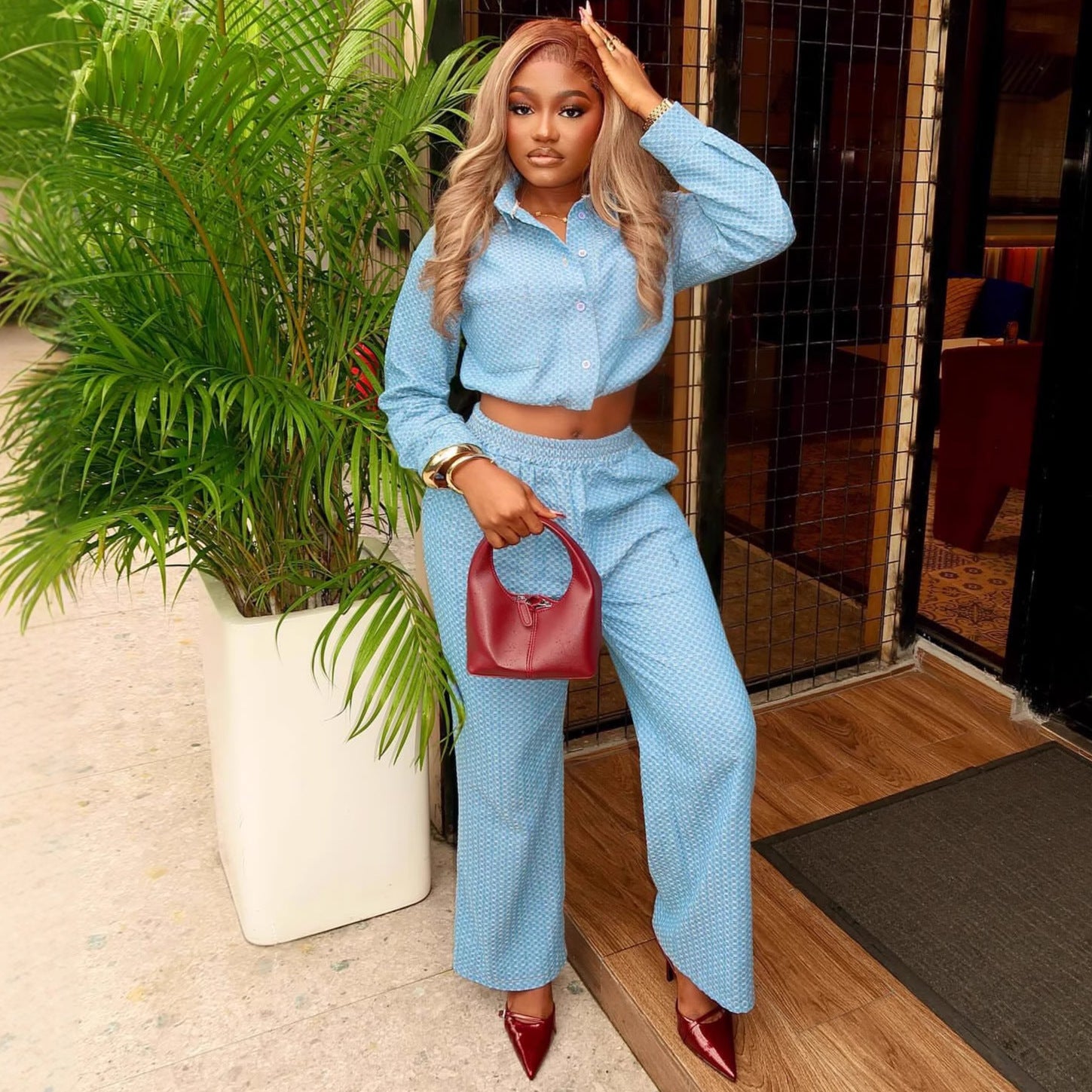 European and American large-size casual lapel collar long-sleeved polka dot cardigan shirt women's African new foreign-style high-waisted trousers two-piece set