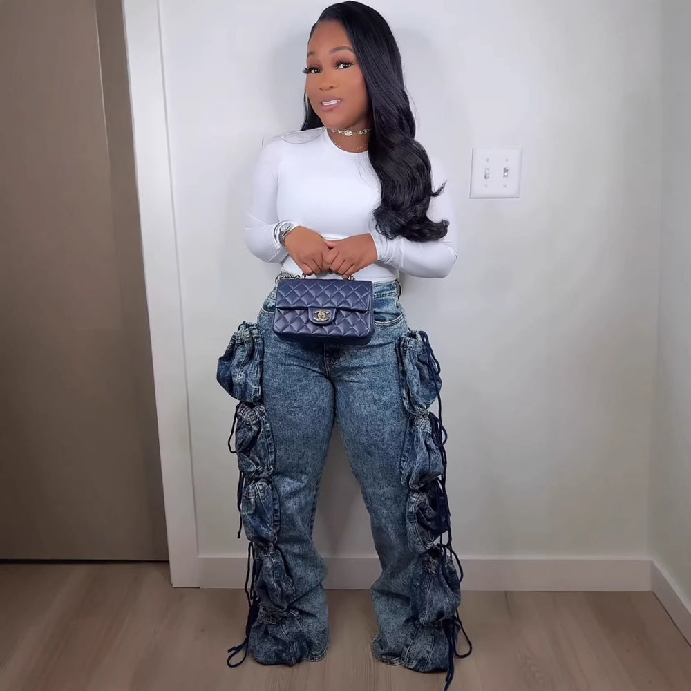 European and american style women's denim cargo pants -  cross-border fashion, streetwear-inspired, multi-pocket design, straight-leg trousers