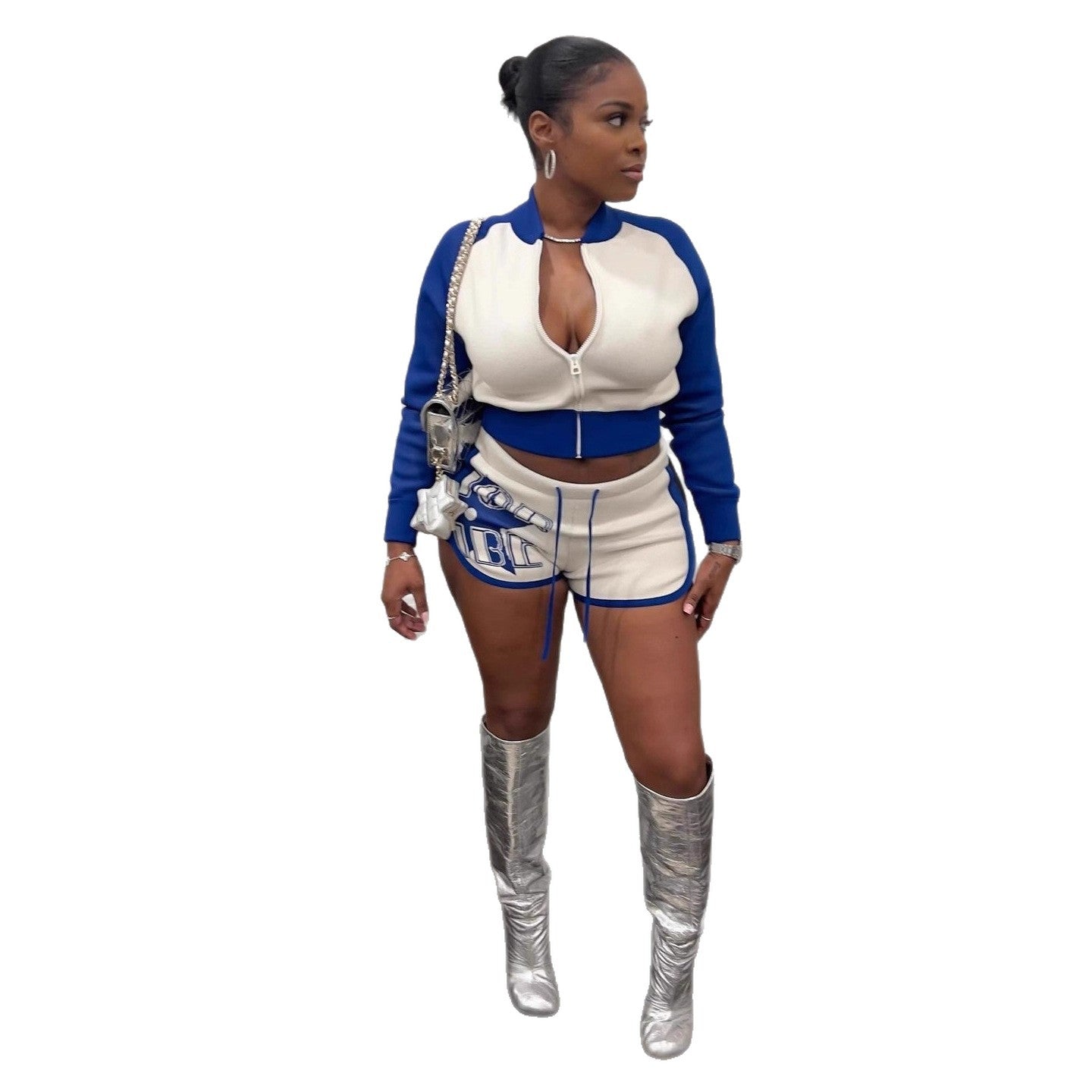 2025 Autumn American Pure Desire Spice Girl Style Color Matching Zipper Jacket Threaded Elastic Slim Long Sleeve Shorts Suit Women