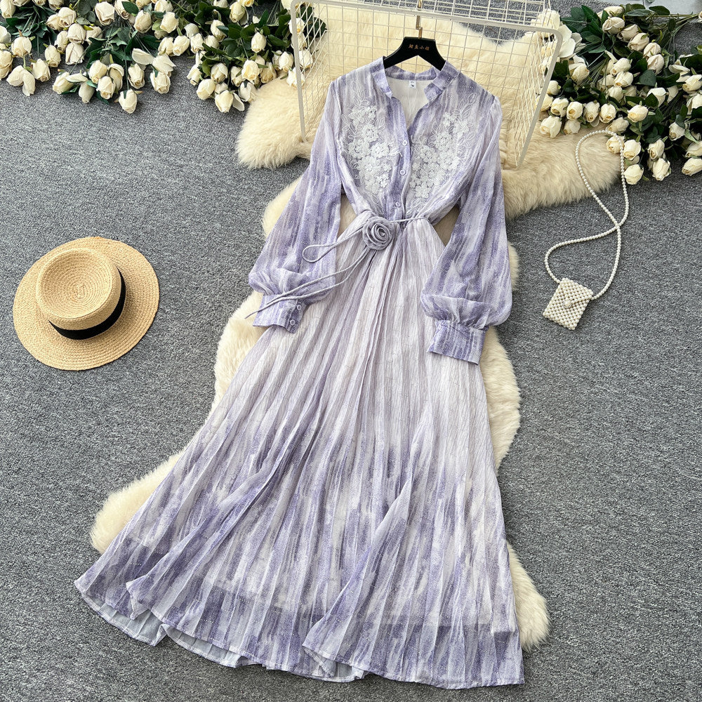 French romantic lantern sleeve printed dress - women's summer a-line maxi dress with cinched waist and tie detail - high-end and elegant