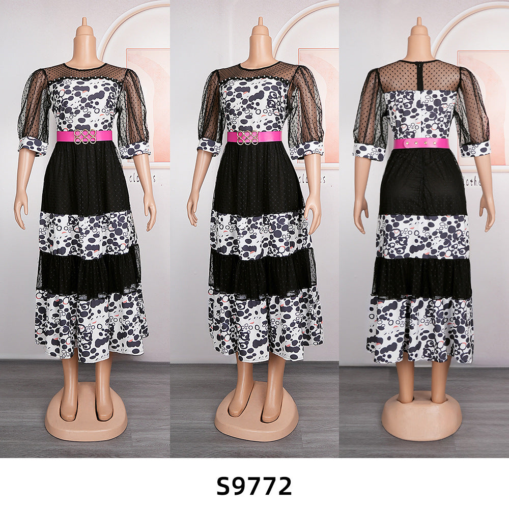 African  women's printed patchwork dress, european and american cross-border foreign trade fashion casual polka dot skirt, plus size