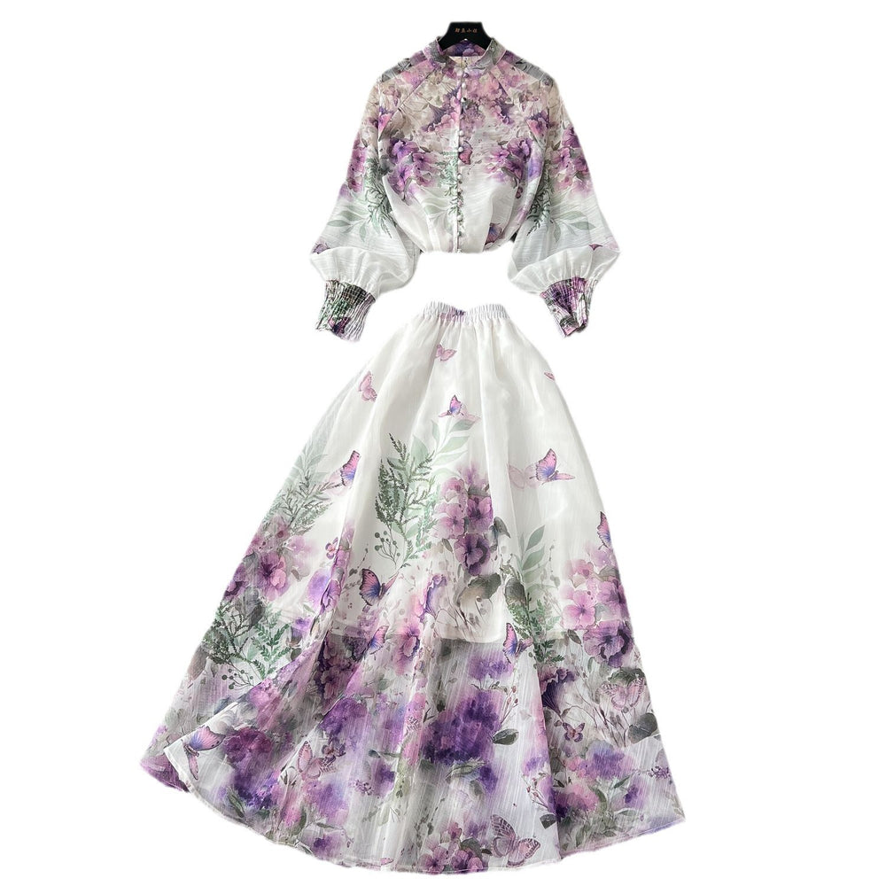 Fashion celebrity printingsuit women's vacation style stand collar lantern sleeve slimming lookshirthigh waist long skirt