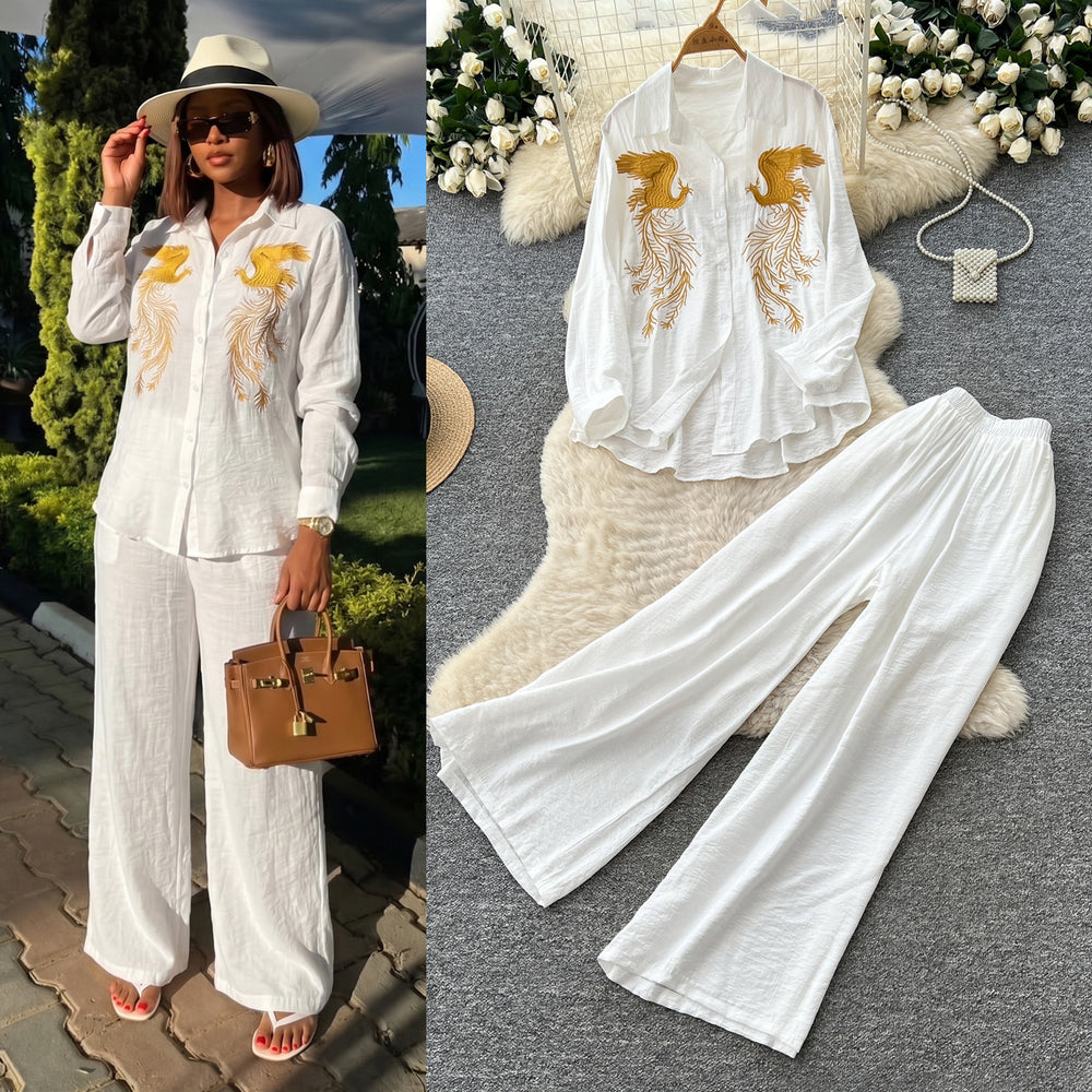 Lazy style pink embroidershirtloose pantstwo-piece setfemaleautumwork clothingslimming lookelegantsuitcasual