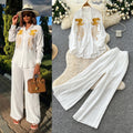 Lazy style pink embroidershirtloose pantstwo-piece setfemaleautumwork clothingslimming lookelegantsuitcasual