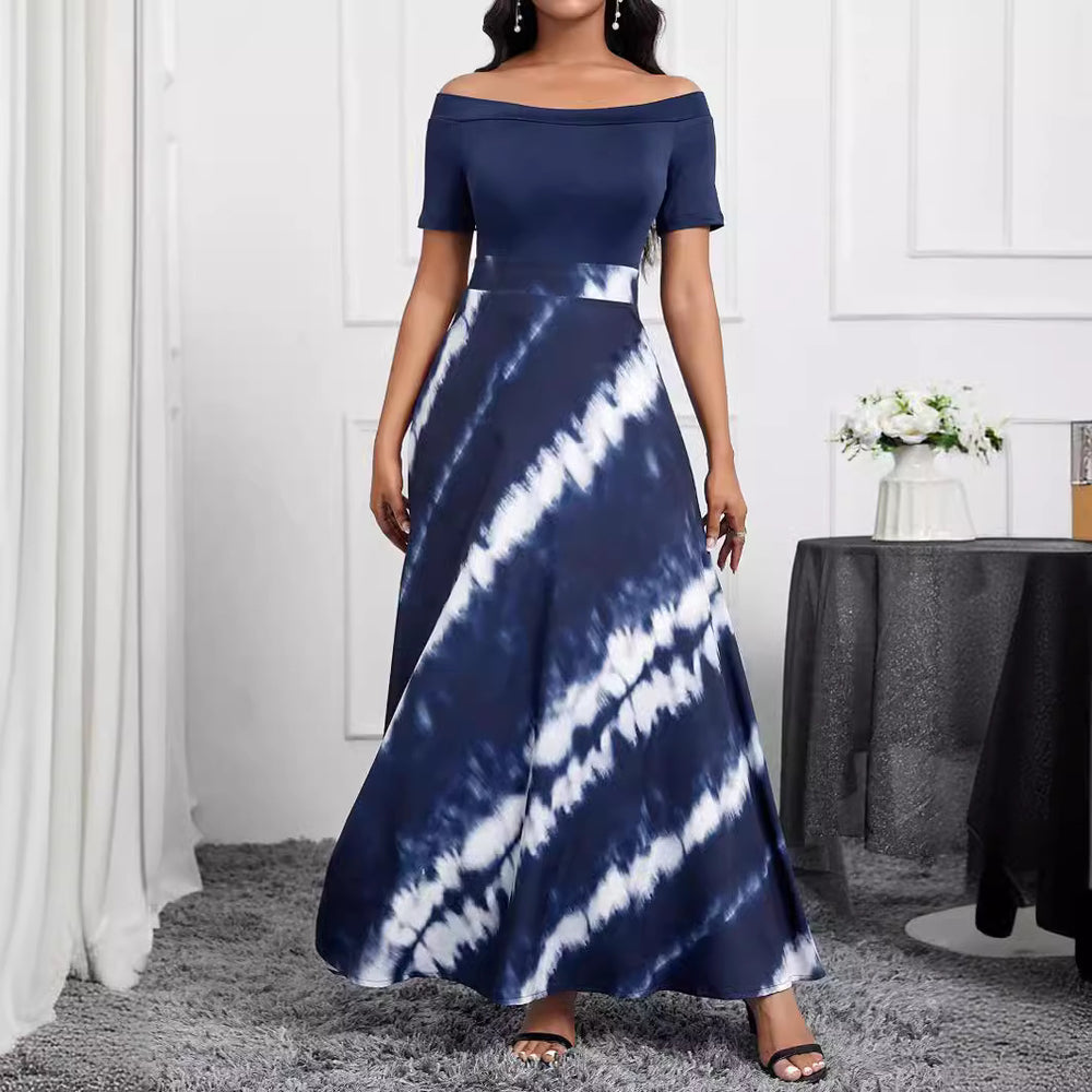 European and american cross-border chic women's clothing:  summer new one-shoulder blue and white twill print fashion dress