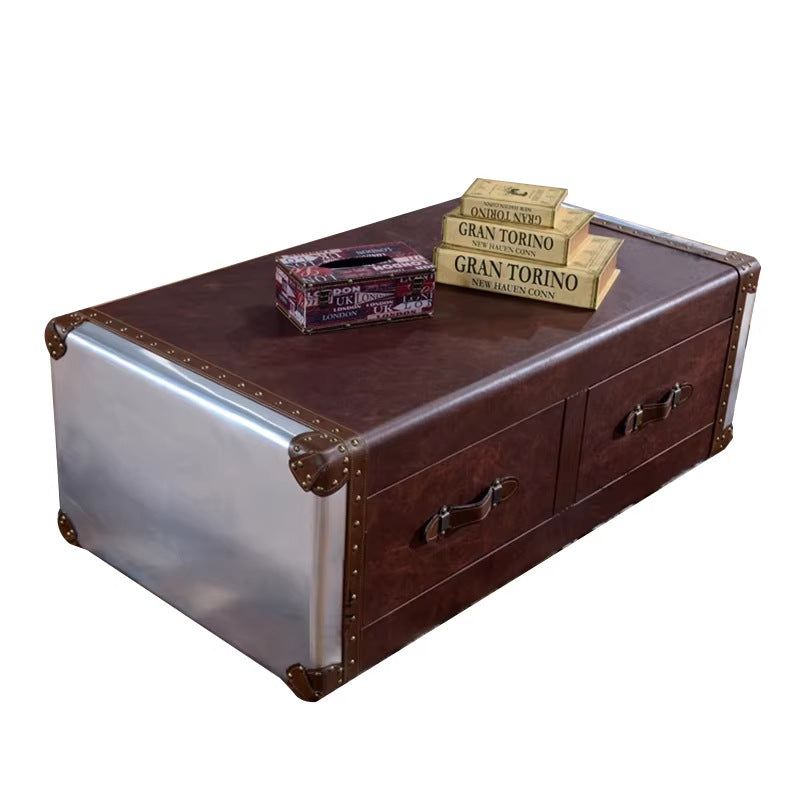 American retro coffee table and side table set - metal aluminum, genuine leather, industrial style for office, cafe, or cigar shop