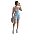 summercasual sleeveless stripesruffles strapless tops elastic shorts two-piece setsuitfashion