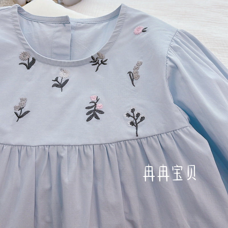 Girls' long-sleeve cotton blue embroidered floral shirt - new autumn  sweet french cartoon style