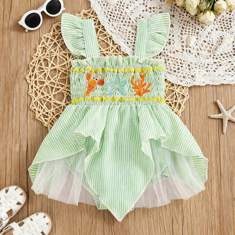 Baby girl cute ocean-themed ruffle plaid patchwork mesh romper dress