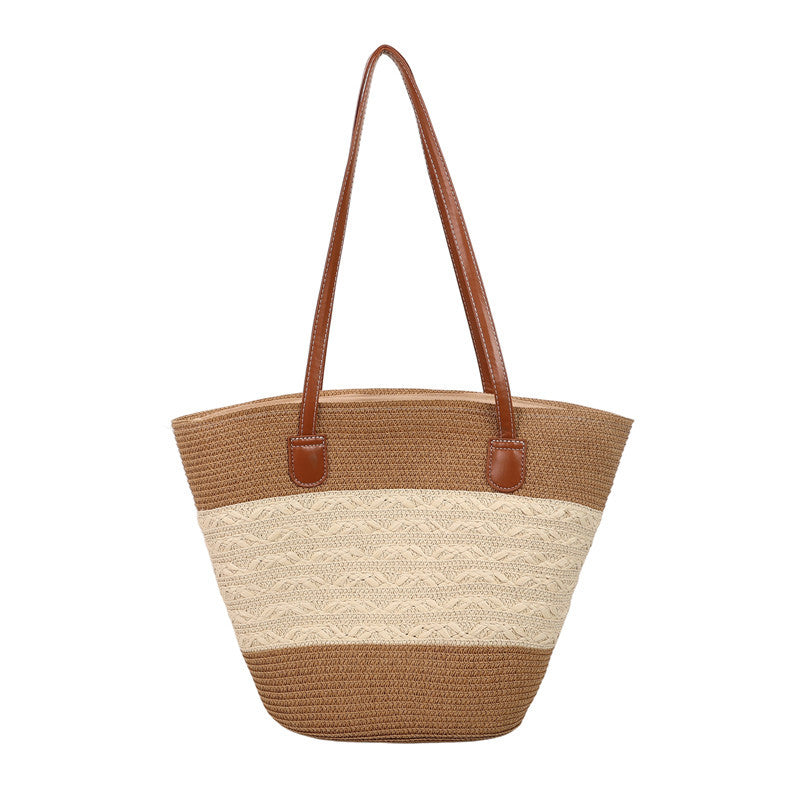 Large capacity straw woven bag women's new patchwork striped handbag fashionable knitted bag high-end tote beach bag