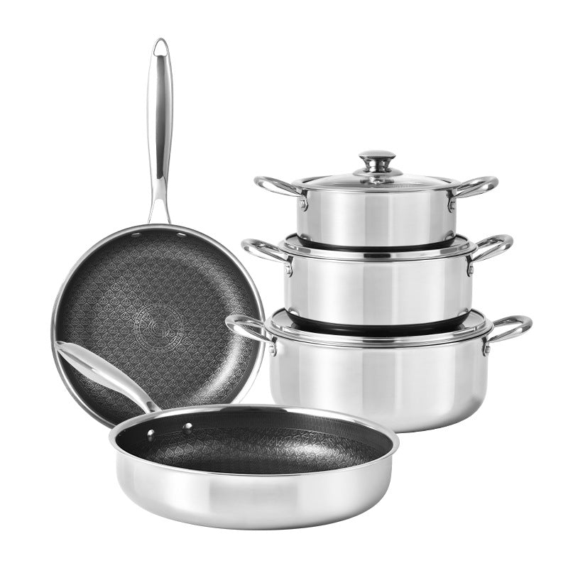 Complete non-stick cookware set: honeycomb non-stick frying pan, universal 316 stainless steel uncoated pot set for home use