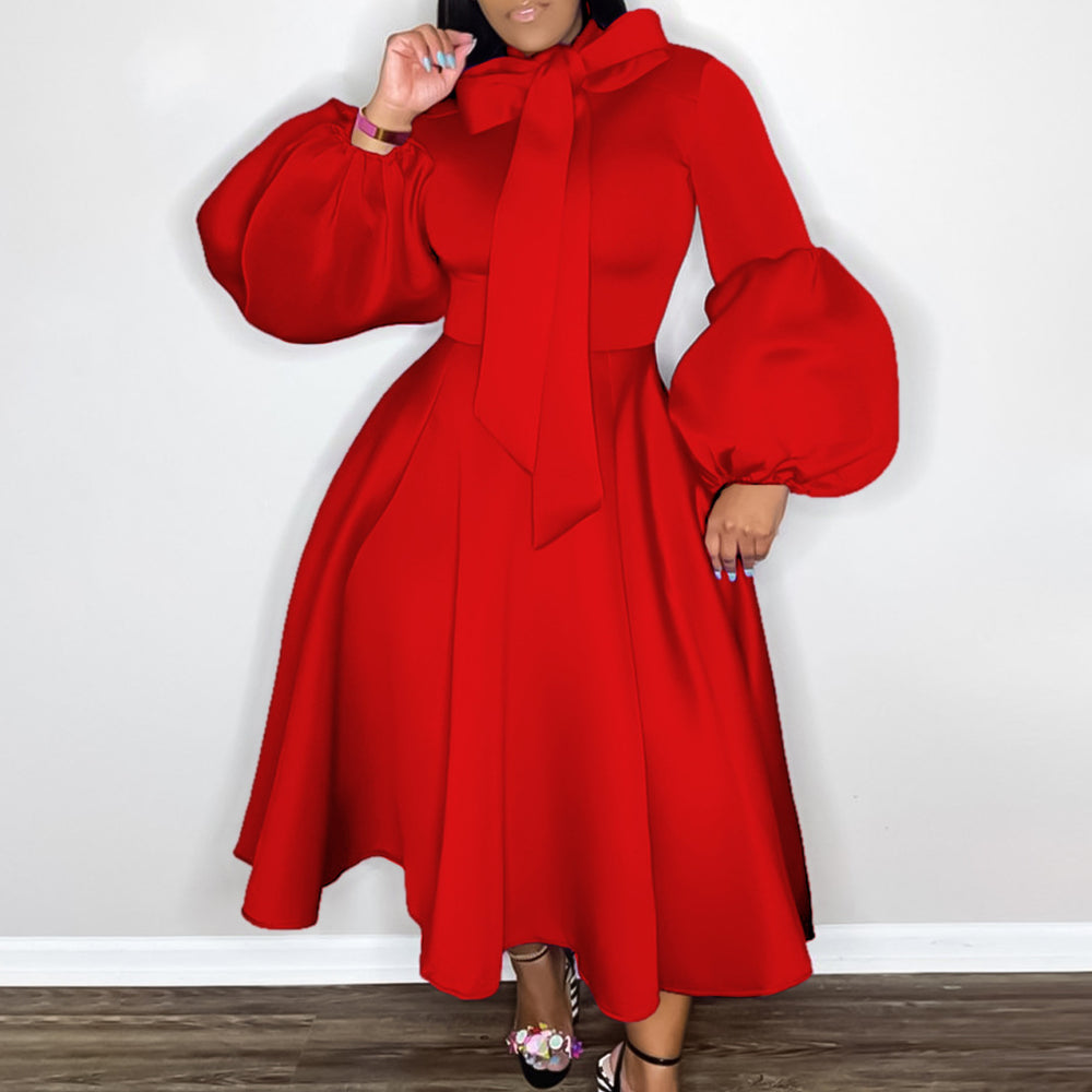 Plus size women's winter puff sleeve tie-waist bow detail maxi dress - european & american style evening gown for export independent stores