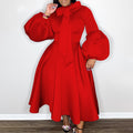 Plus size women's winter puff sleeve tie-waist bow detail maxi dress - european & american style evening gown for export independent stores