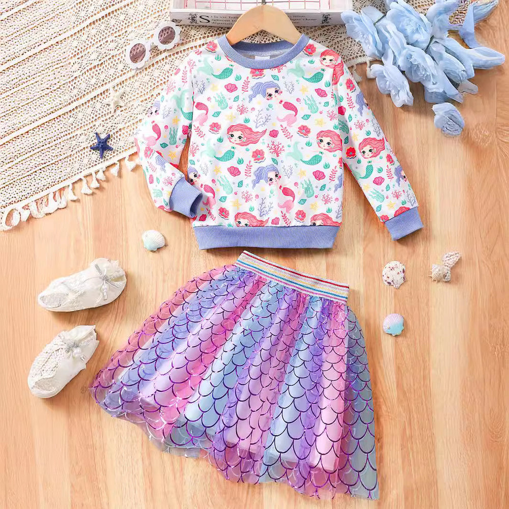 Children's long sleeves round neck sweatshirt + mesh skirt suit