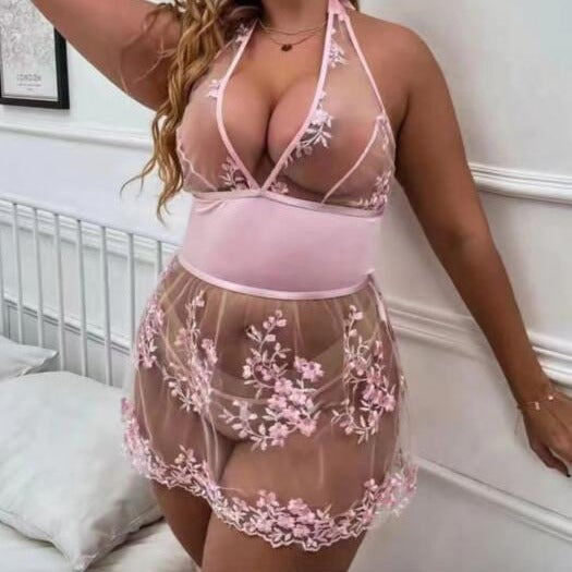 Transparent temptation halter lingerie see-through mesh sexy nightgown embroidered erotic sleepwear teasing seduction set