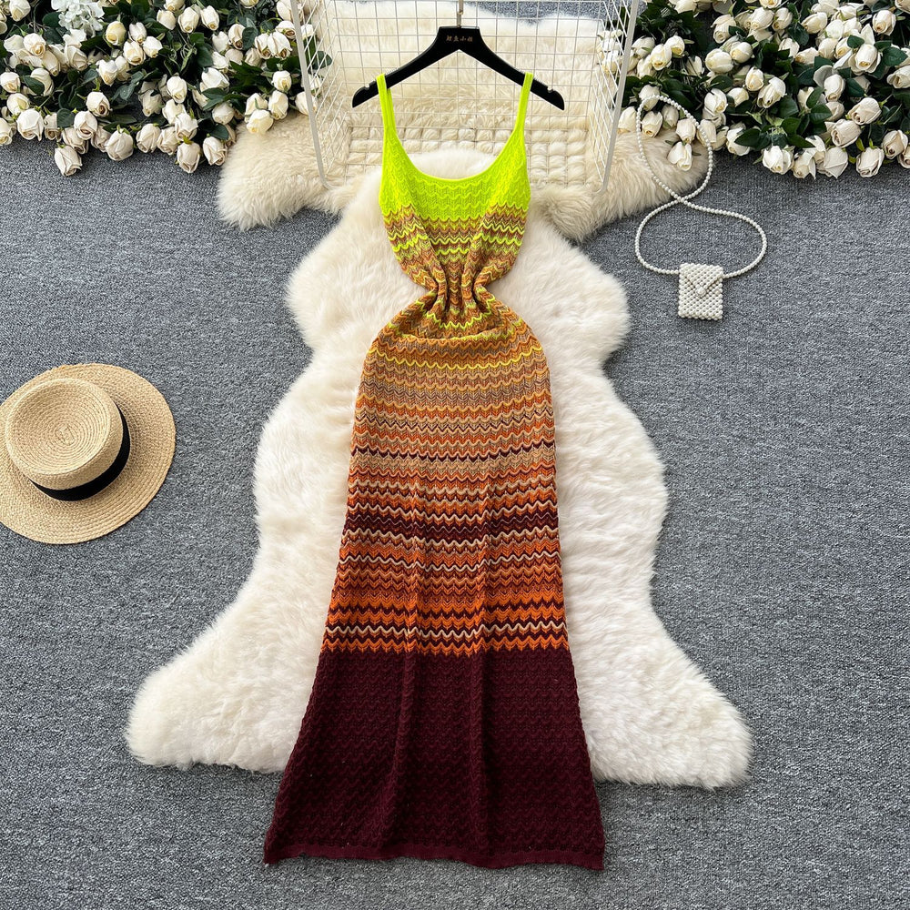 Sling knittingdress women's  summer korean chic retro gradient color wave pattern silm hip covering long skirt