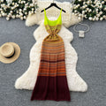 Sling knittingdress women's  summer korean chic retro gradient color wave pattern silm hip covering long skirt