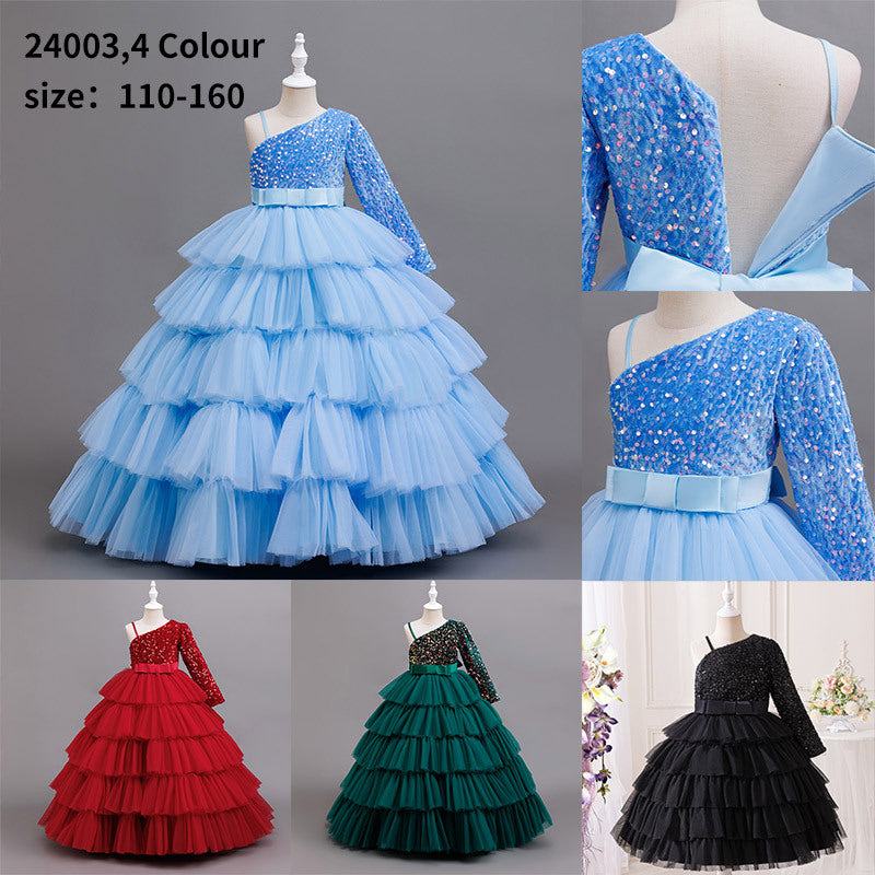European and american style girls' birthday party one-shoulder princess dress, children's piano performance evening gown, sequin patchwork, cross-border wholesale