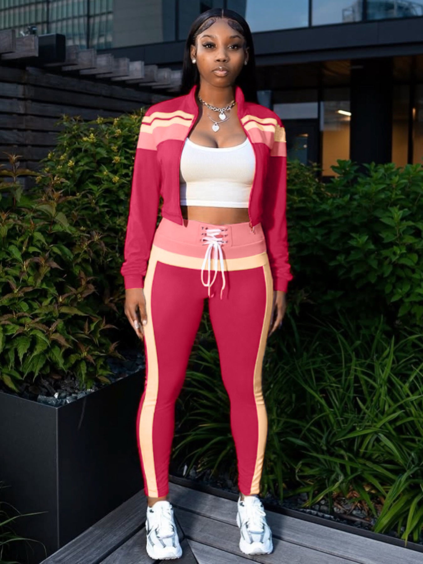 Cross-border European and American fashion street women's clothing contrasting colors splicing long-sleeved zipper cardigan sports and leisure trousers two-piece set