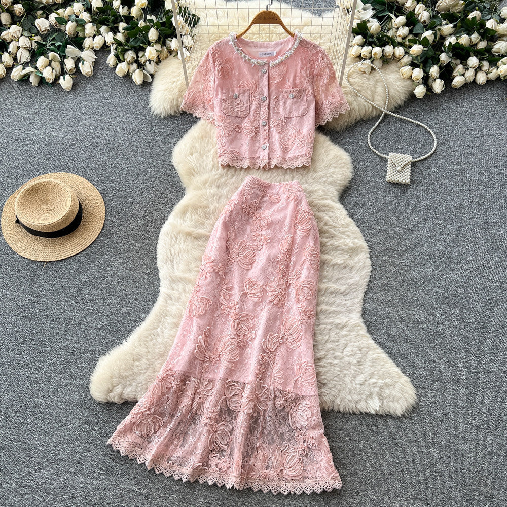 French chic lace patchwork top and skirt set - summer sweet & spicy lace slimming elegance outfit
