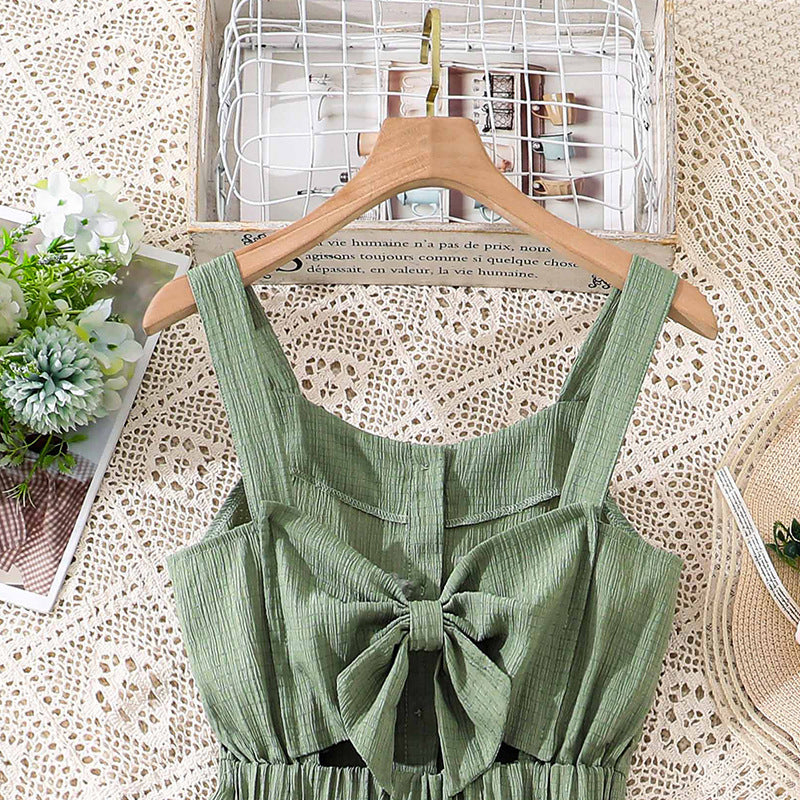 children's spring/summer new arrivals: european and american style fashionable casual camisole dress with open back, bow detail, cinched waist, and flared skirt