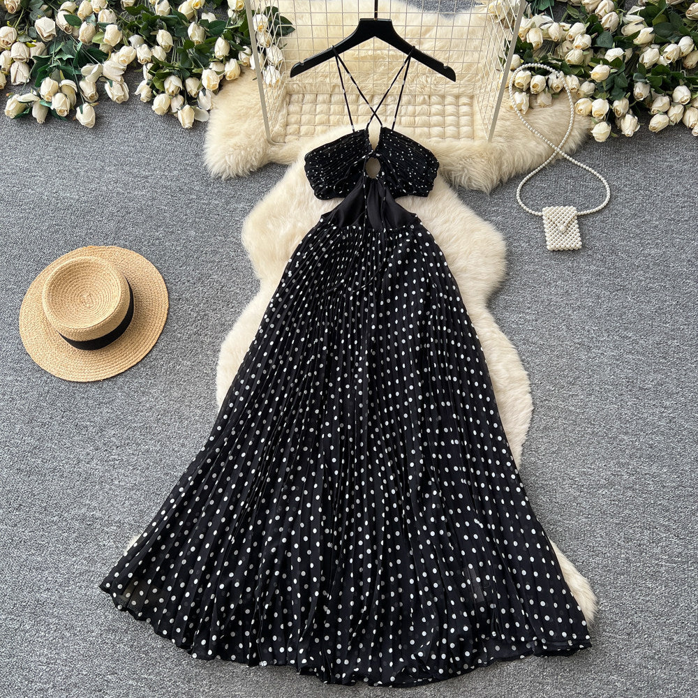 French polka dot suspender sexy backless dress women's korean style black v neck waist slimming look long skirt classy sense
