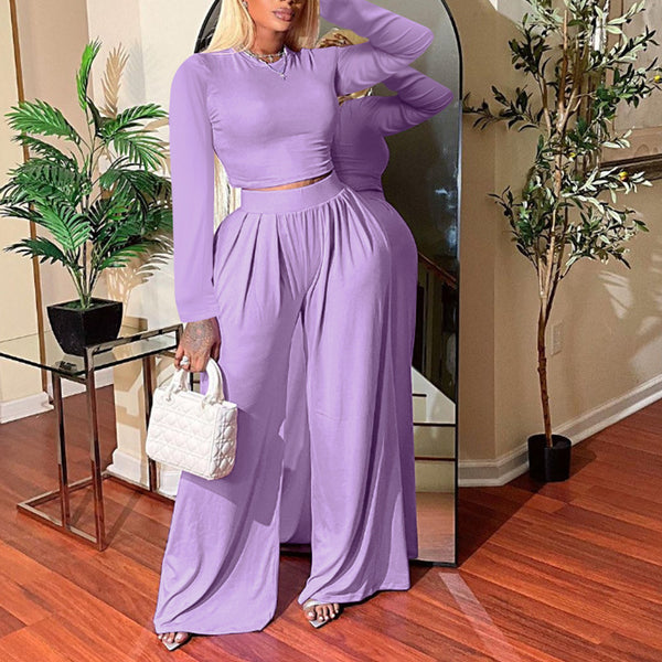 European and American solid color T-shirt wide-leg pants set 2023 spring and autumn  new two-piece women's clothing factory direct batch