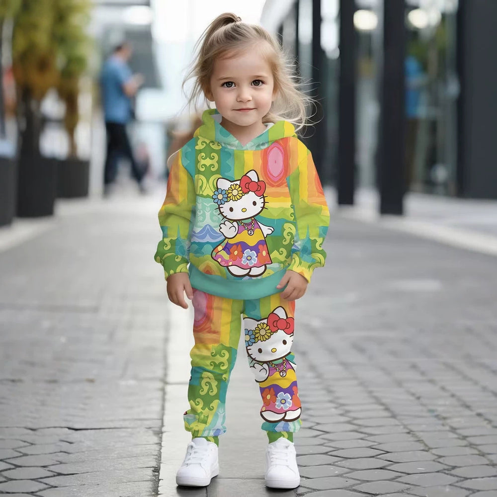 Kids' hoodie set, cross-border hot-selling cartoon animal print girls' fashion hooded sweatshirt and sweatpants set