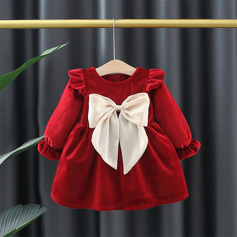 Girls' spring/autumn new korean style bowknot long-sleeve dress - princess style, chic and stylish skirt