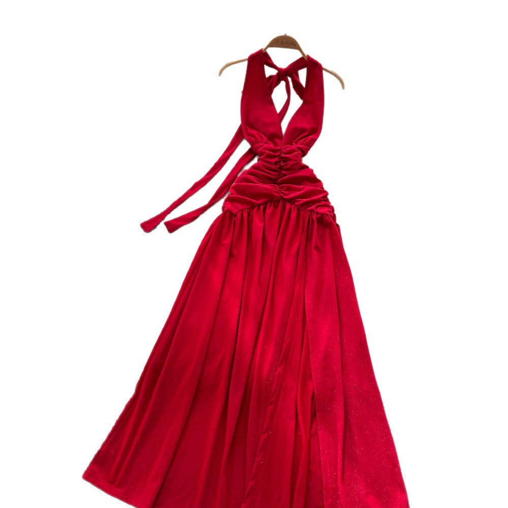 Red dress women's  summer atmosphere deep v neck halter suspender waist elegant slit backless long skirt