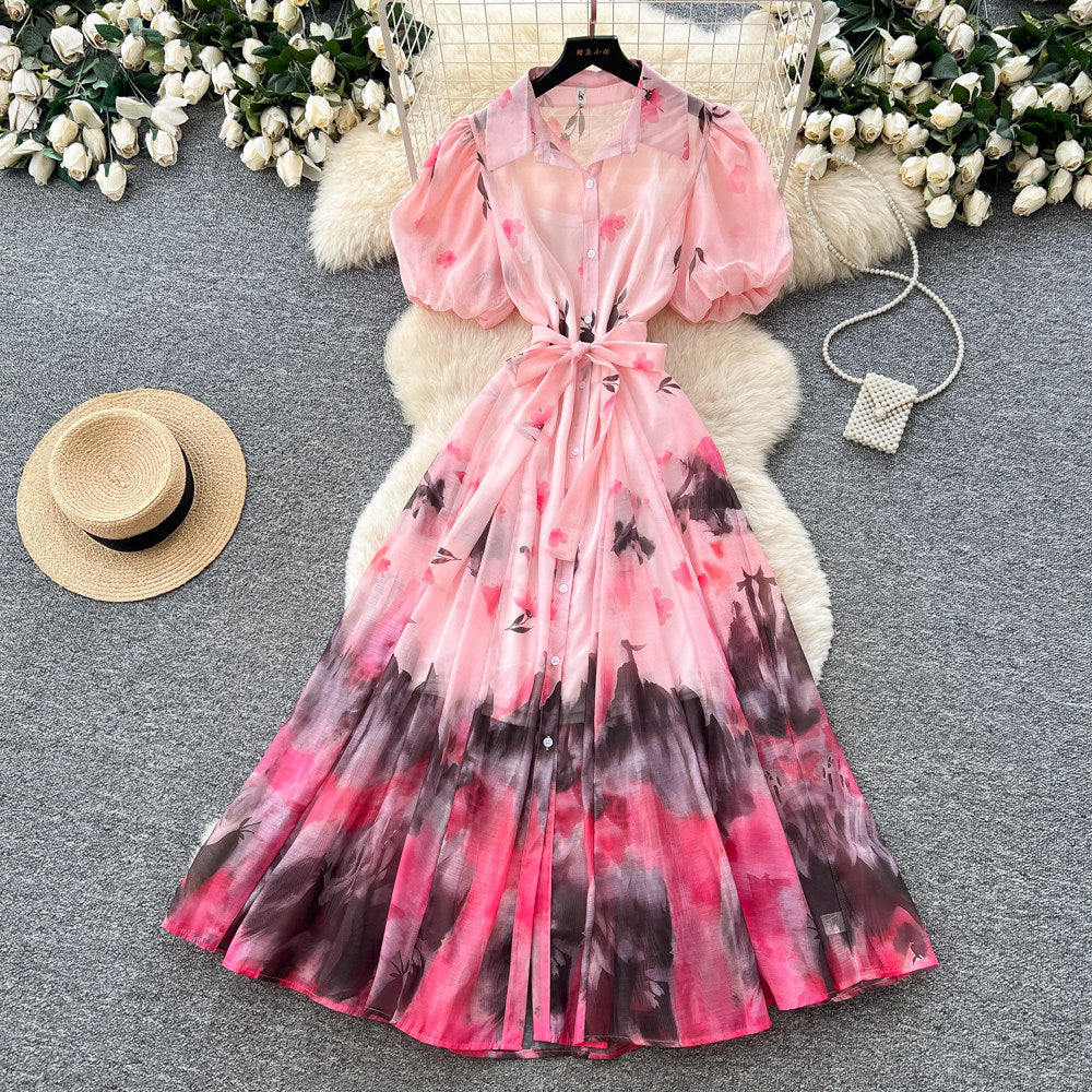 Light mature style tie-dye gradient printingshirt skirt women's summer lapel lantern sleeve tie back waist a-line long skirtelegant