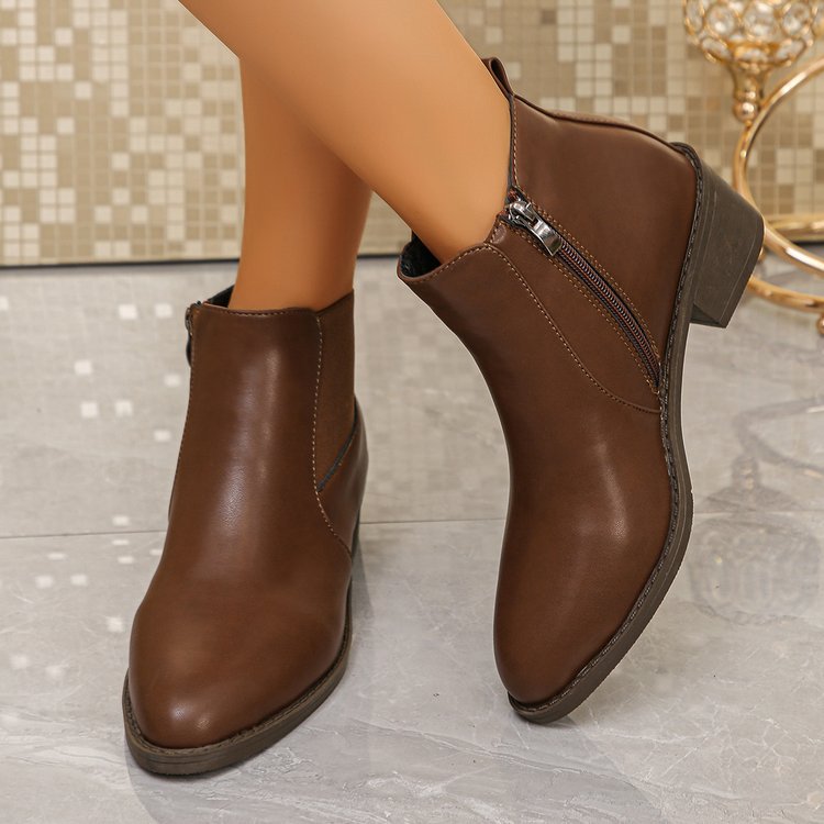 brown retro shoes women's fall and winter short boots british style boots thick heel chelsea boots women's thick heel nude boots