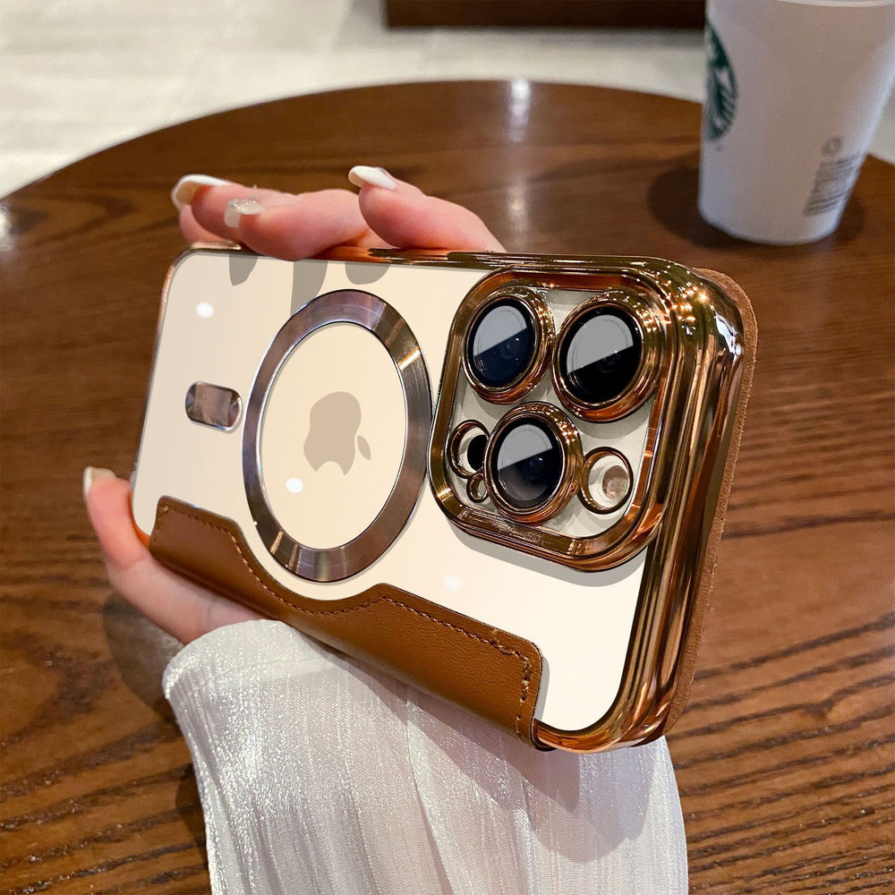 Suitable for apple 16promax mobile phone case electroplated gold shield magnetic leather case iphone17 flip full cover protective case