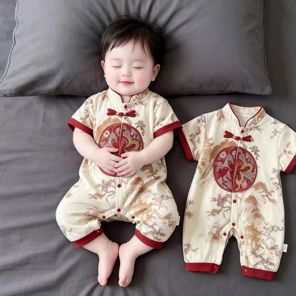Summer thin one-piece new chinoiserie infant male and female baby chinese style heavy industry chinese ancient style khaki outwear crawling clothes summer