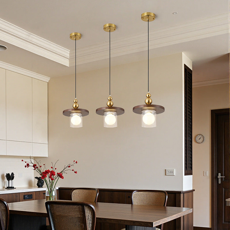 Vintage walnut bedside pendant light - gold & clear glass - retro southeast asian style - bedroom, bar, entryway, homestay