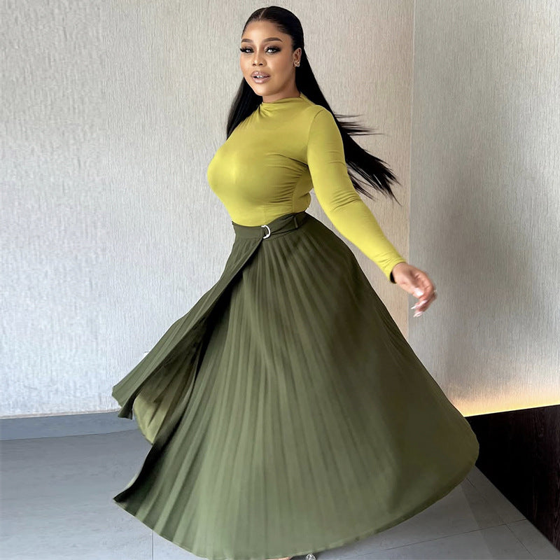 European and American  women's clothing 2025 autumn new fashionable and elegant solid color turtleneck slim-fitting splicing pleated dress