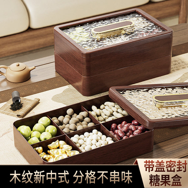 Wood grain new Chinese dried fruit storage box fruit tray refreshment tray household living room compartment snack candy box nut tray