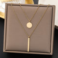 Gold double-layer round and vertical bar pendant necklace - stylish, elegant, minimalist, and versatile choker for women, perfect for office and everyday wear