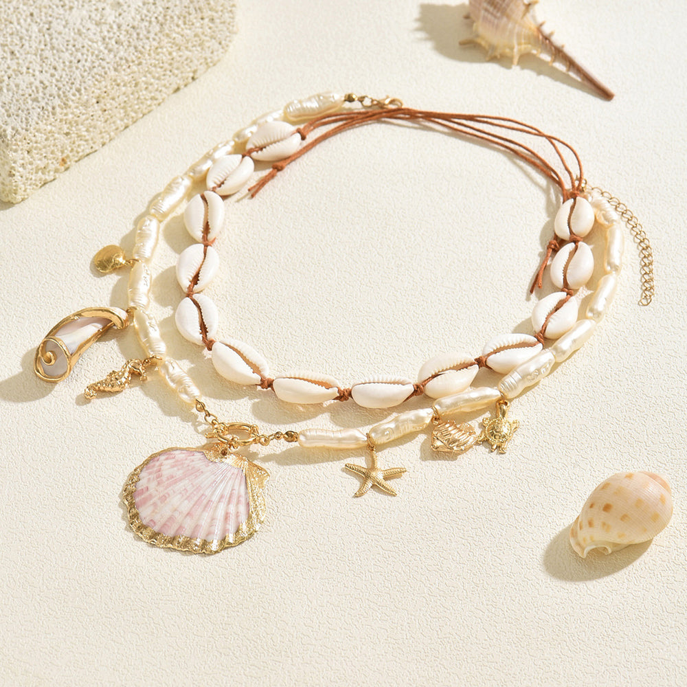 Bohemian shell necklace wholesale cross-border niche irregular holiday style stacked starfish imitation pearl clavicle chain
